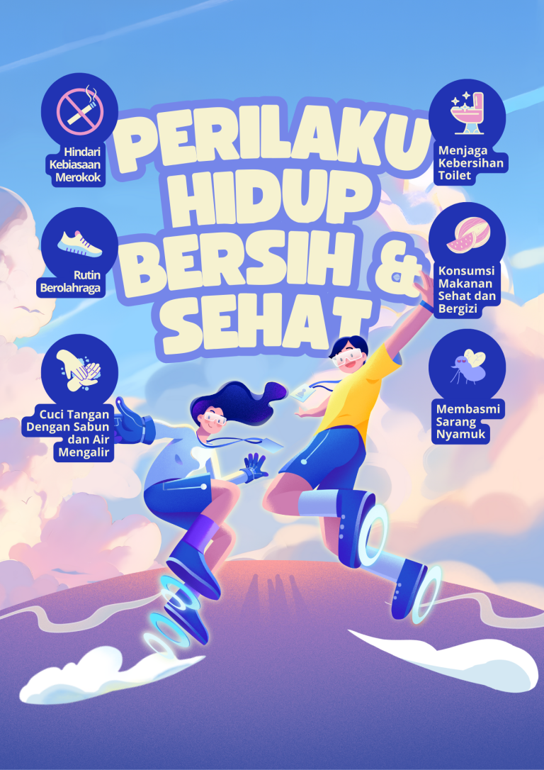 Poster Perilaku Hidup Bersih dan Sehat Ilustratif Biru Ungu